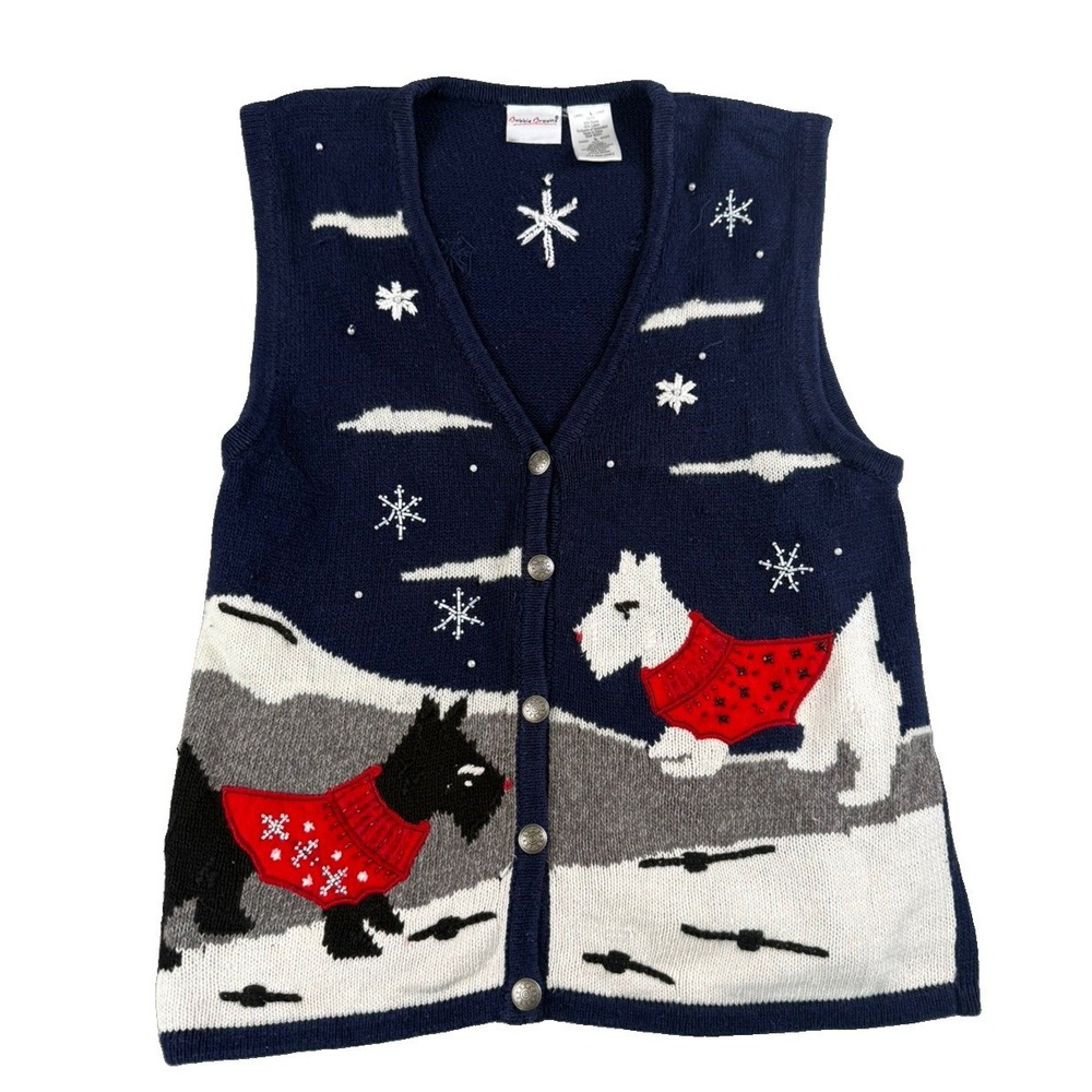 Bobbie Brooks Christmas Sweater Vest Womens L 12/14 Scottie Dog Beaded Holiday